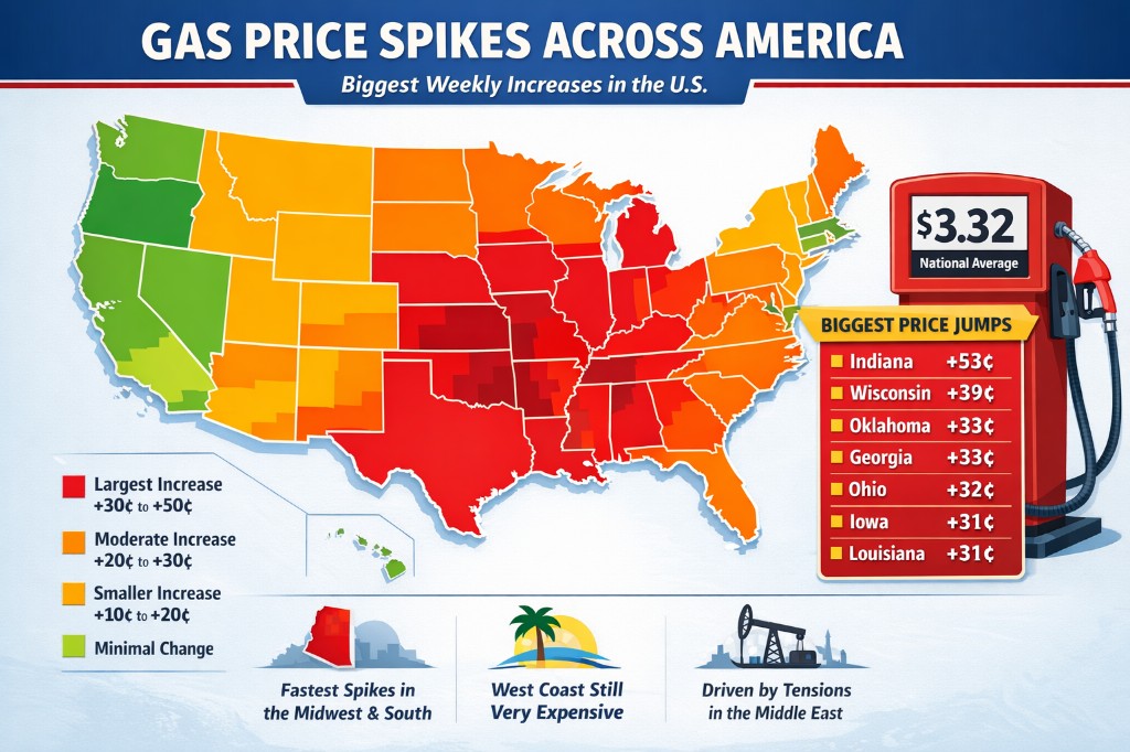 Map of U.S. showing gas price spikes by state: largest increases +30¢ to +50¢ in Midwest and South; national average $3.32; biggest jumps include Indiana +53¢, Wisconsin +39¢, Ohio +32¢; driven by Middle East tensions.